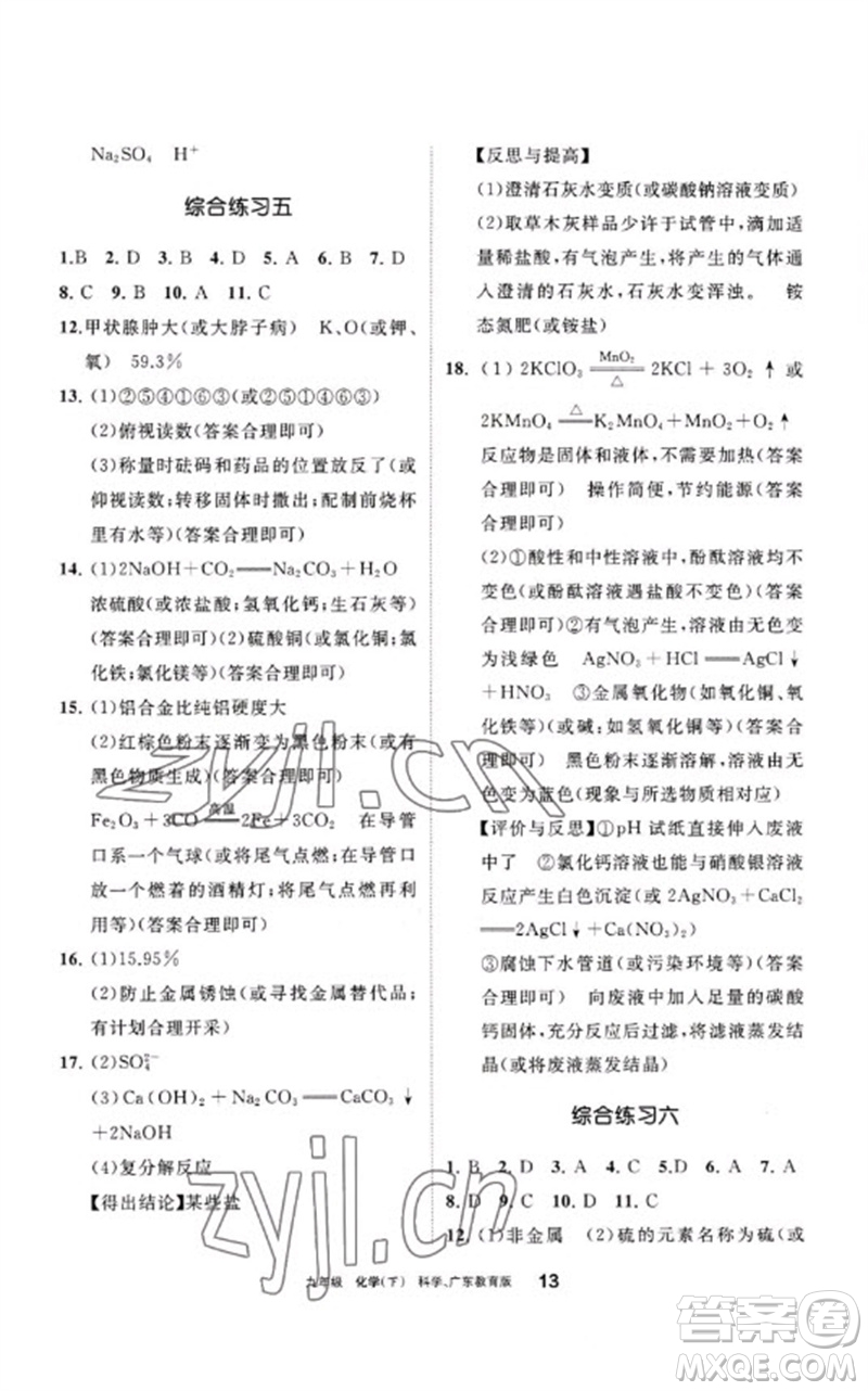 寧夏人民教育出版社2023學習之友九年級化學下冊科粵版參考答案