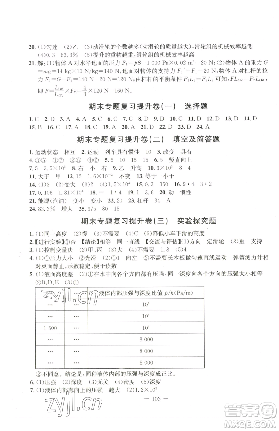 吉林教育出版社2023創(chuàng)新思維全程備考金題一卷通八年級(jí)下冊(cè)物理人教版參考答案