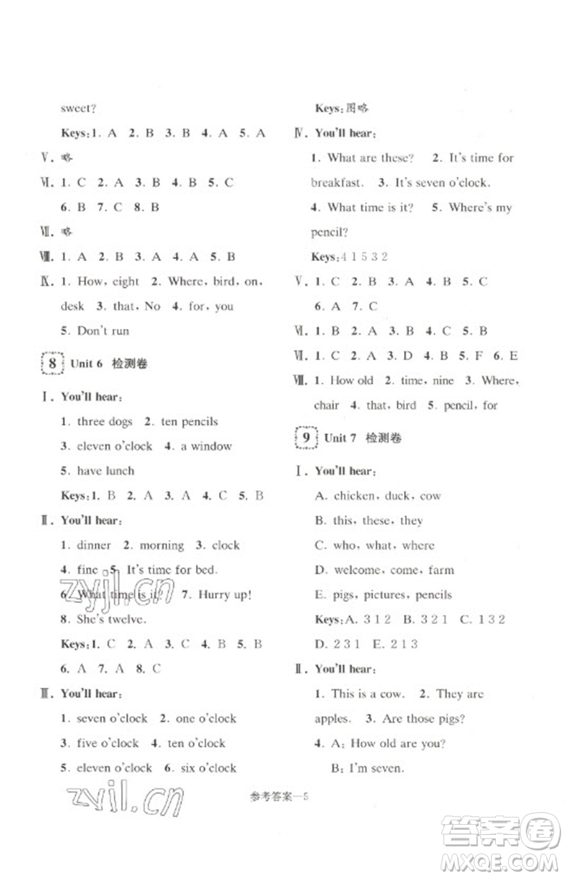 江蘇鳳凰少年兒童出版社2023學習樂園單元自主檢測三年級英語下冊譯林版參考答案