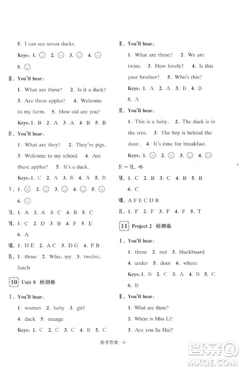 江蘇鳳凰少年兒童出版社2023學習樂園單元自主檢測三年級英語下冊譯林版參考答案