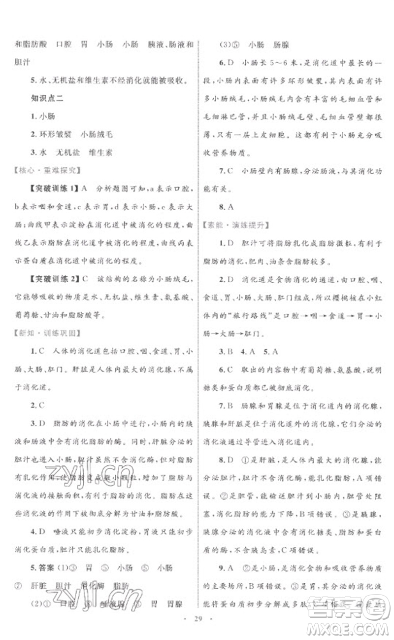 內(nèi)蒙古教育出版社2023初中同步學(xué)習(xí)目標(biāo)與檢測(cè)七年級(jí)生物下冊(cè)人教版參考答案