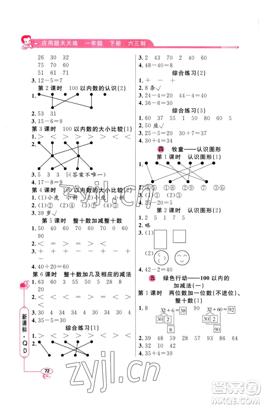 山東畫報(bào)出版社2023應(yīng)用題天天練一年級下冊數(shù)學(xué)青島版參考答案