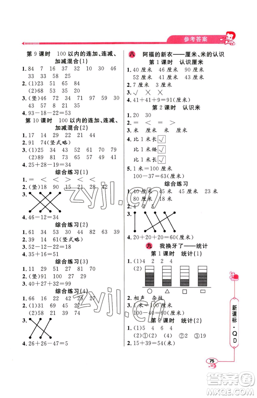 山東畫報(bào)出版社2023應(yīng)用題天天練一年級下冊數(shù)學(xué)青島版參考答案