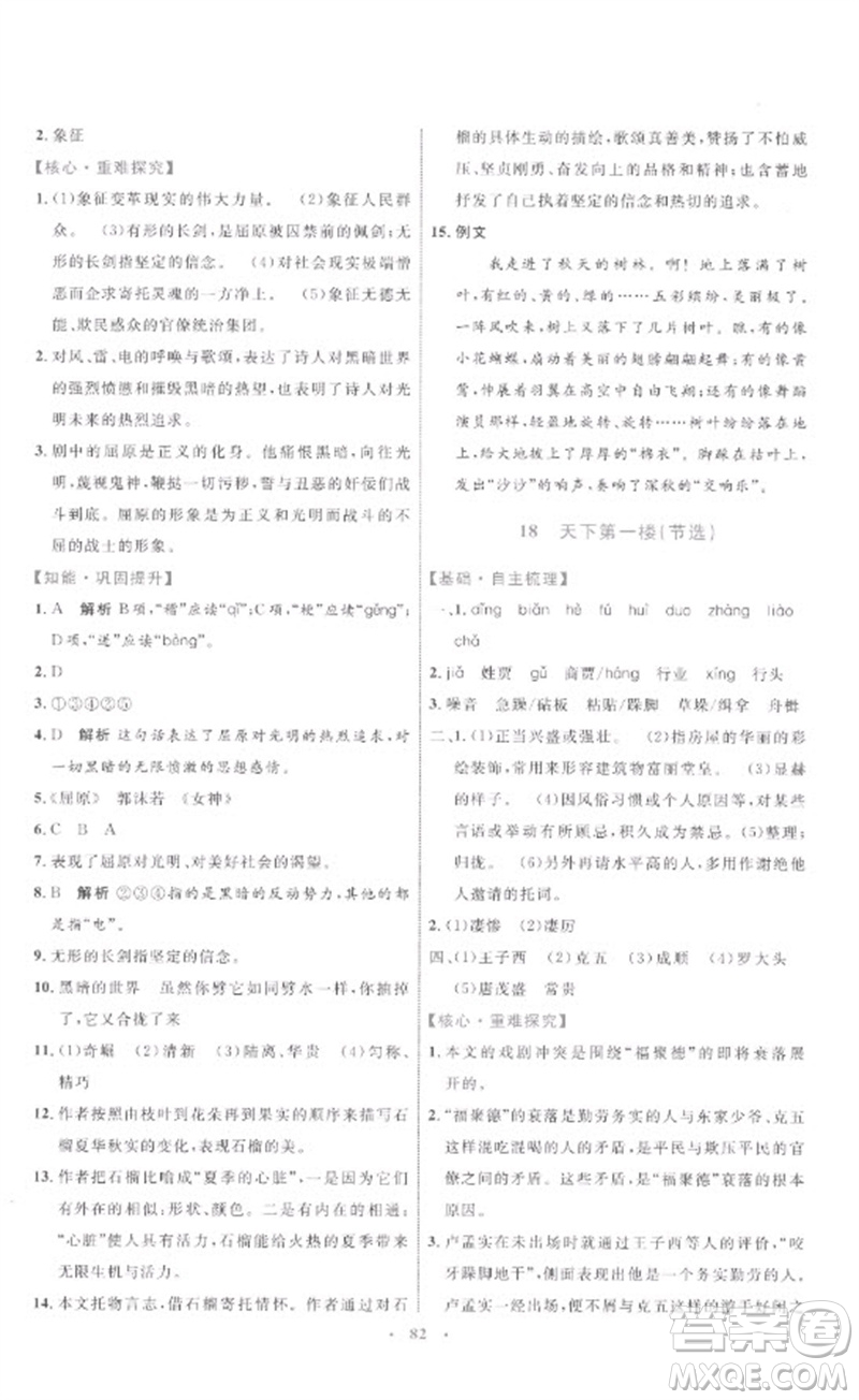 內(nèi)蒙古教育出版社2023初中同步學(xué)習(xí)目標(biāo)與檢測(cè)九年級(jí)語(yǔ)文下冊(cè)人教版參考答案