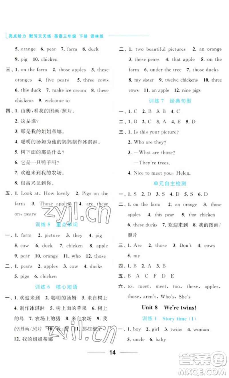 北京教育出版社2023亮點(diǎn)給力默寫天天練三年級(jí)英語(yǔ)下冊(cè)譯林版參考答案