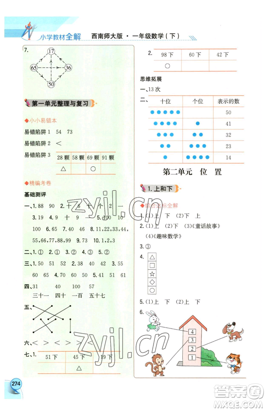 陜西人民教育出版社2023小學(xué)教材全解一年級(jí)下冊(cè)數(shù)學(xué)西南師大版參考答案