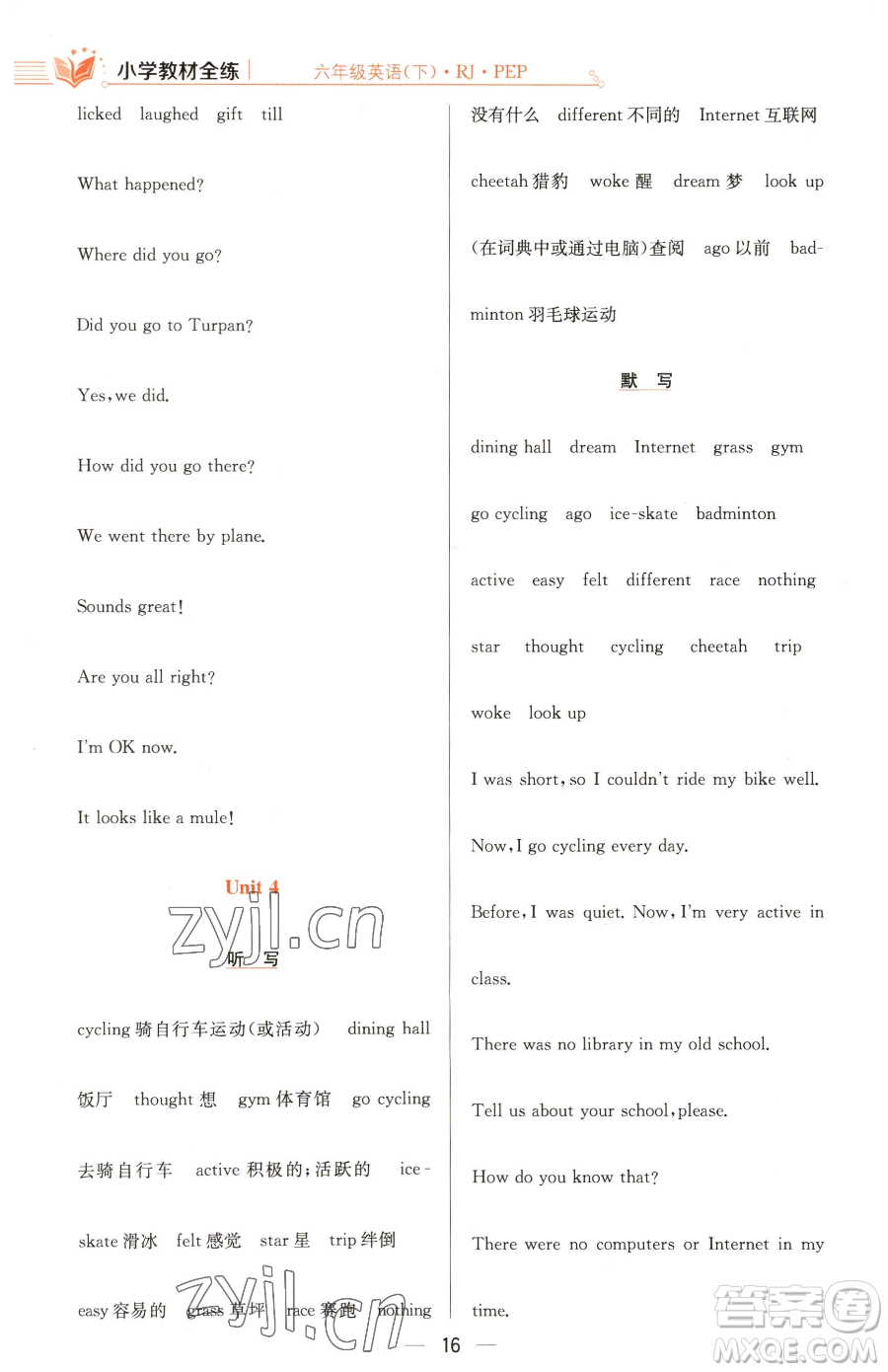 陜西人民教育出版社2023小學(xué)教材全練六年級(jí)下冊(cè)英語人教PEP版三起參考答案