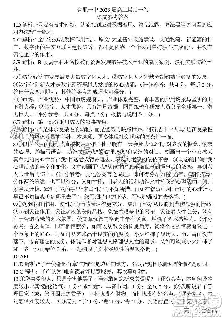 2023年合肥一中高三最后一卷語(yǔ)文試題答案