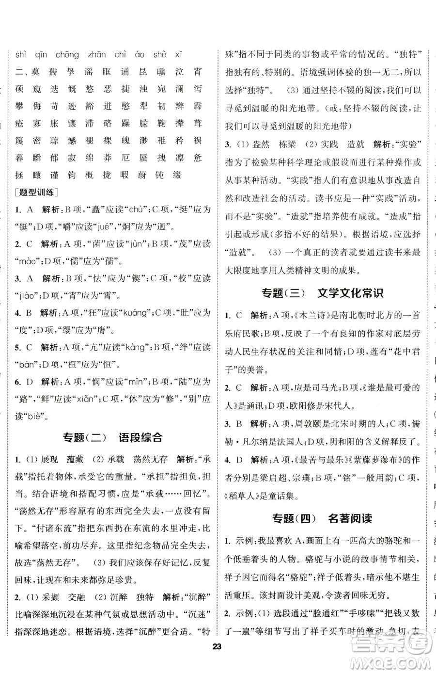 南京大學出版社2023提優(yōu)訓練課課練七年級下冊語文人教版徐州專版參考答案