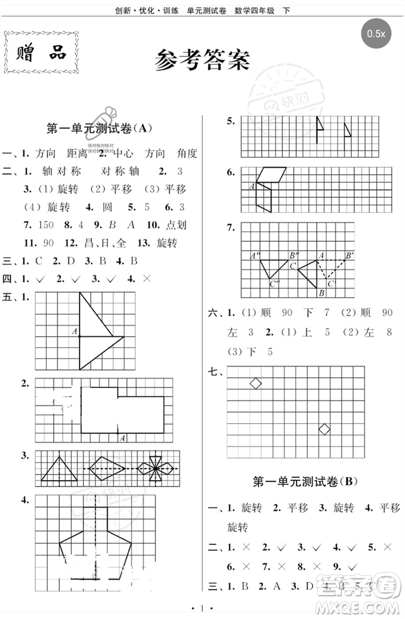 江蘇鳳凰美術(shù)出版社2023創(chuàng)新優(yōu)化訓(xùn)練單元測試卷四年級數(shù)學(xué)下冊蘇教版參考答案
