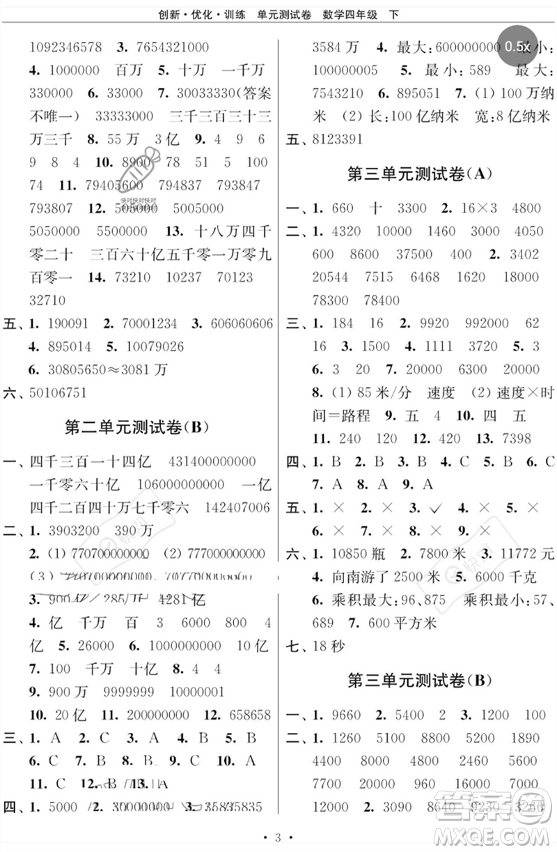 江蘇鳳凰美術(shù)出版社2023創(chuàng)新優(yōu)化訓(xùn)練單元測試卷四年級數(shù)學(xué)下冊蘇教版參考答案