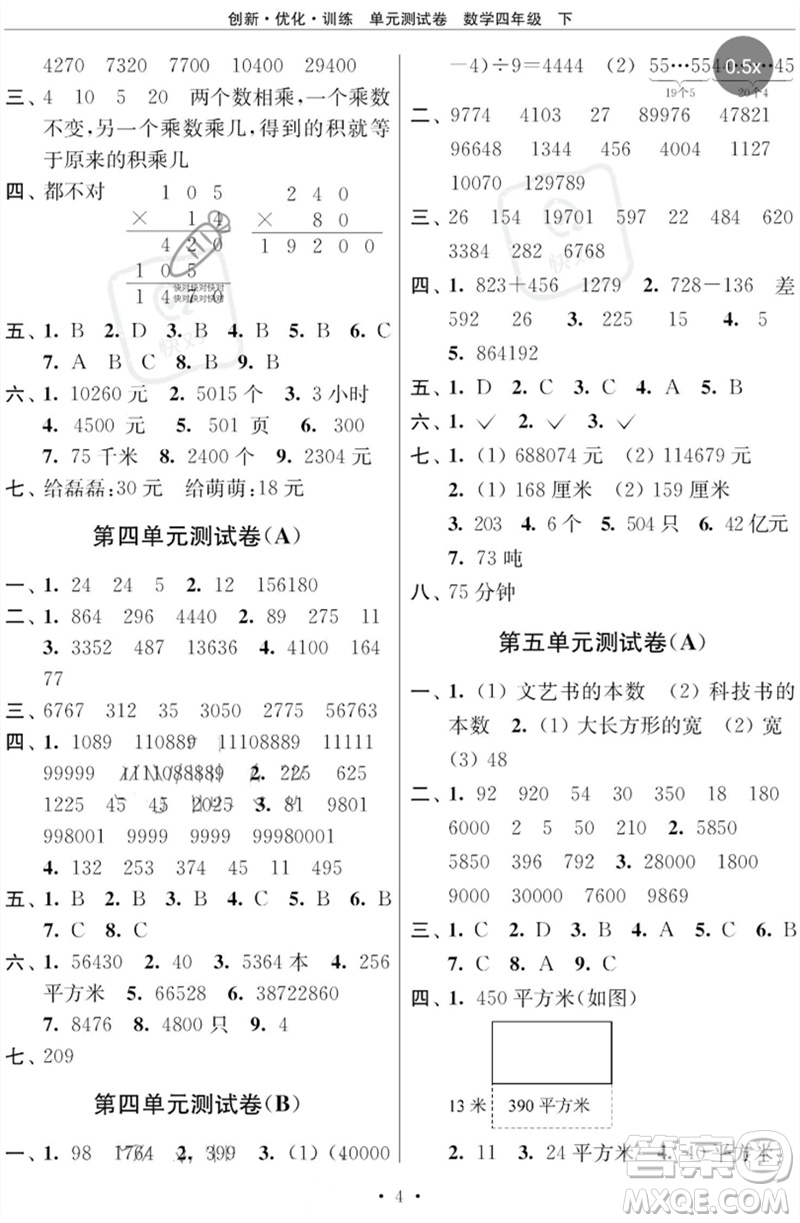江蘇鳳凰美術(shù)出版社2023創(chuàng)新優(yōu)化訓(xùn)練單元測試卷四年級數(shù)學(xué)下冊蘇教版參考答案