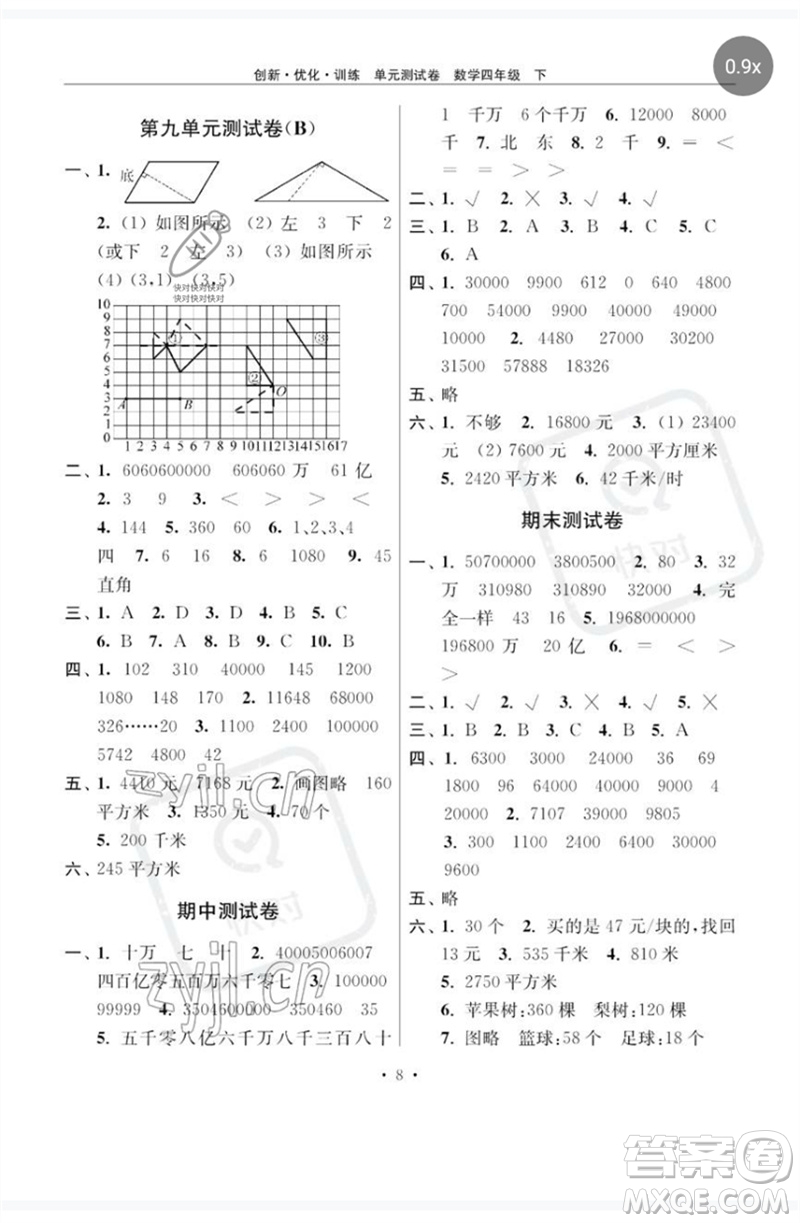 江蘇鳳凰美術(shù)出版社2023創(chuàng)新優(yōu)化訓(xùn)練單元測試卷四年級數(shù)學(xué)下冊蘇教版參考答案