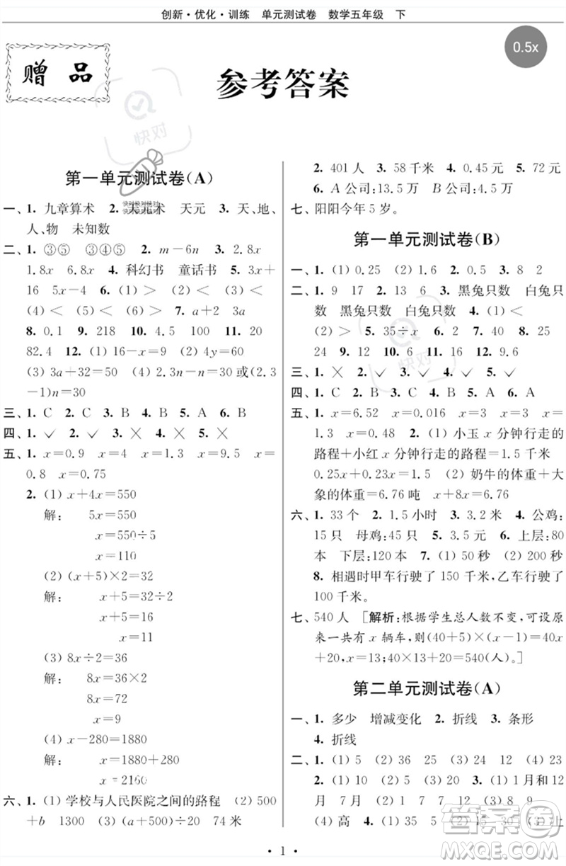 江蘇鳳凰美術(shù)出版社2023創(chuàng)新優(yōu)化訓(xùn)練單元測(cè)試卷五年級(jí)數(shù)學(xué)下冊(cè)蘇教版參考答案