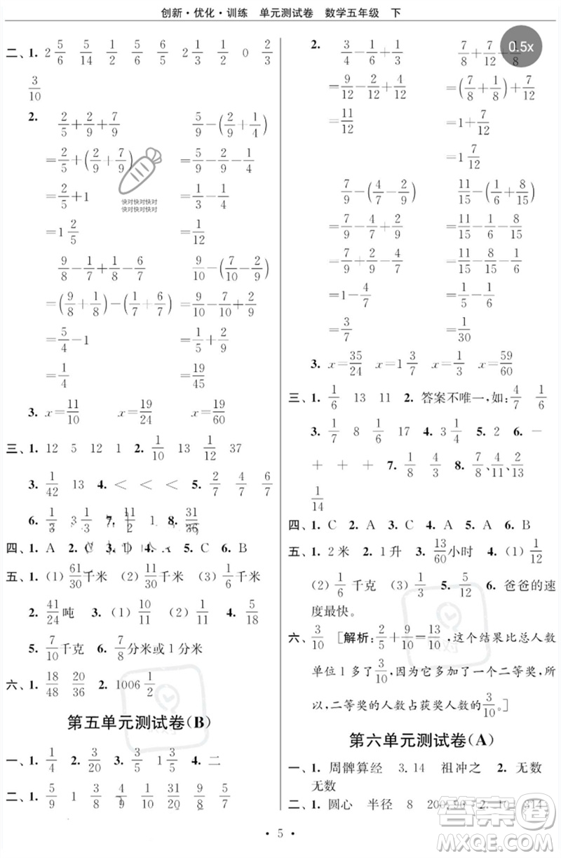 江蘇鳳凰美術(shù)出版社2023創(chuàng)新優(yōu)化訓(xùn)練單元測(cè)試卷五年級(jí)數(shù)學(xué)下冊(cè)蘇教版參考答案