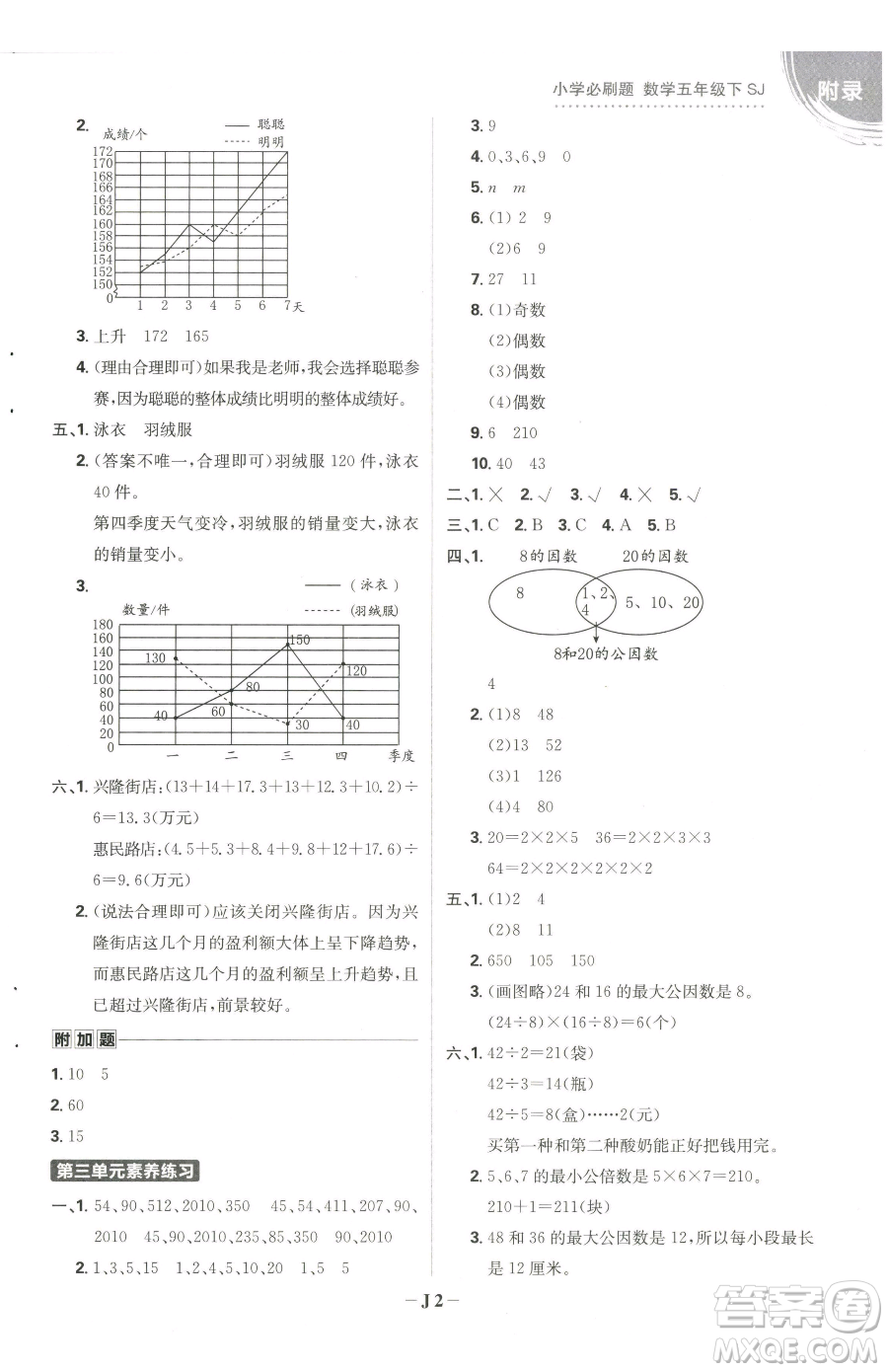 首都師范大學(xué)出版社2023小學(xué)必刷題五年級下冊數(shù)學(xué)蘇教版參考答案