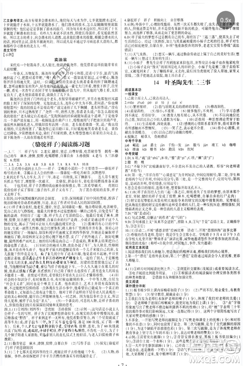 四川民族出版社2023同步寶典1線超越七年級(jí)語(yǔ)文下冊(cè)人教版參考答案
