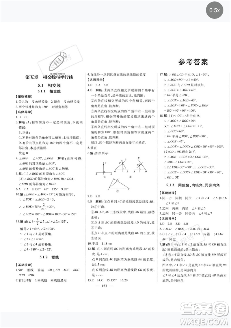 吉林人民出版社2023初中新課標(biāo)名師學(xué)案智慧大課堂七年級數(shù)學(xué)下冊人教版參考答案