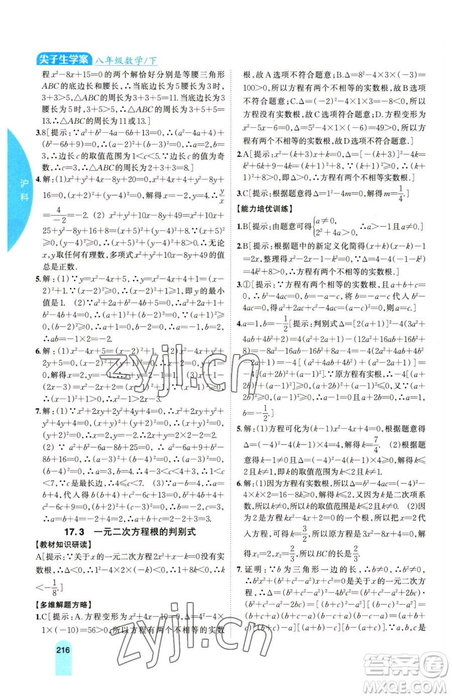 吉林人民出版社2023尖子生學(xué)案八年級(jí)下冊(cè)數(shù)學(xué)滬科版參考答案