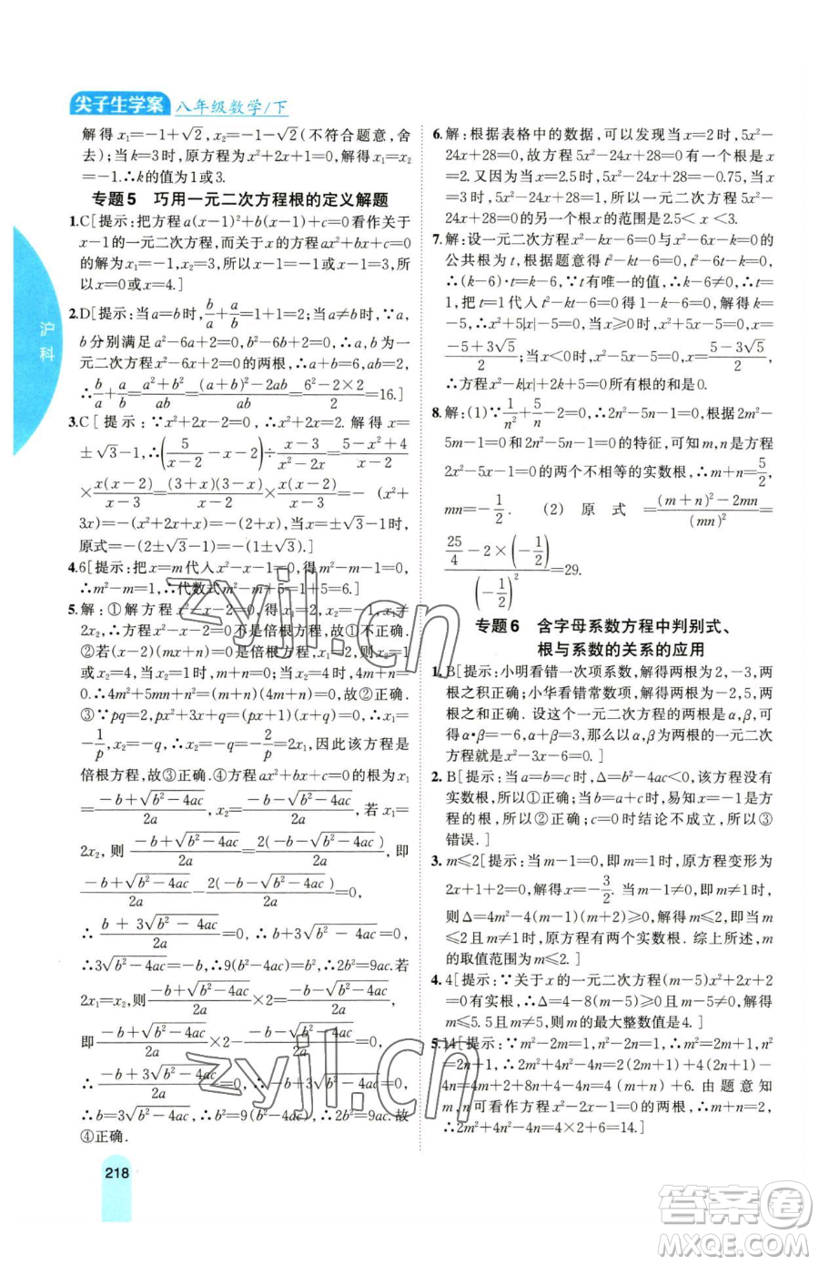 吉林人民出版社2023尖子生學(xué)案八年級(jí)下冊(cè)數(shù)學(xué)滬科版參考答案