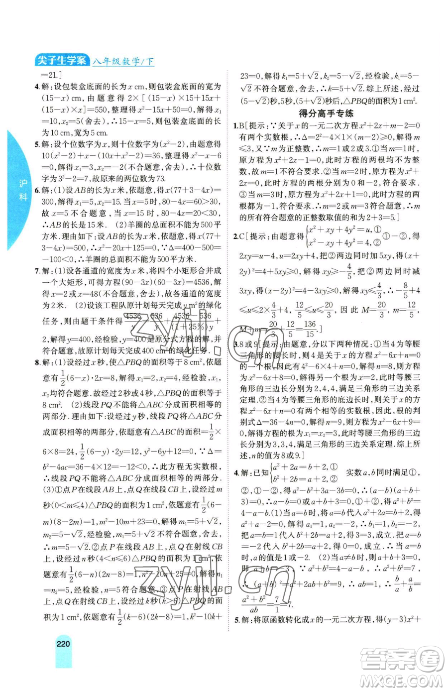 吉林人民出版社2023尖子生學(xué)案八年級(jí)下冊(cè)數(shù)學(xué)滬科版參考答案