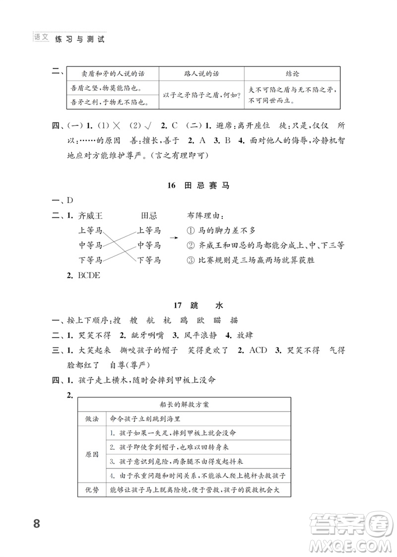 江蘇鳳凰教育出版社2023練習(xí)與測(cè)試小學(xué)語文五年級(jí)下冊(cè)人教版參考答案