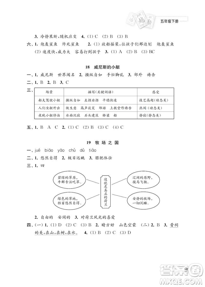 江蘇鳳凰教育出版社2023練習(xí)與測(cè)試小學(xué)語文五年級(jí)下冊(cè)人教版參考答案