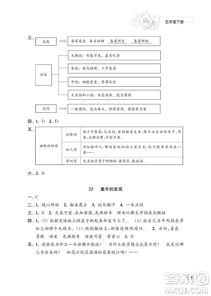 江蘇鳳凰教育出版社2023練習(xí)與測(cè)試小學(xué)語文五年級(jí)下冊(cè)人教版參考答案