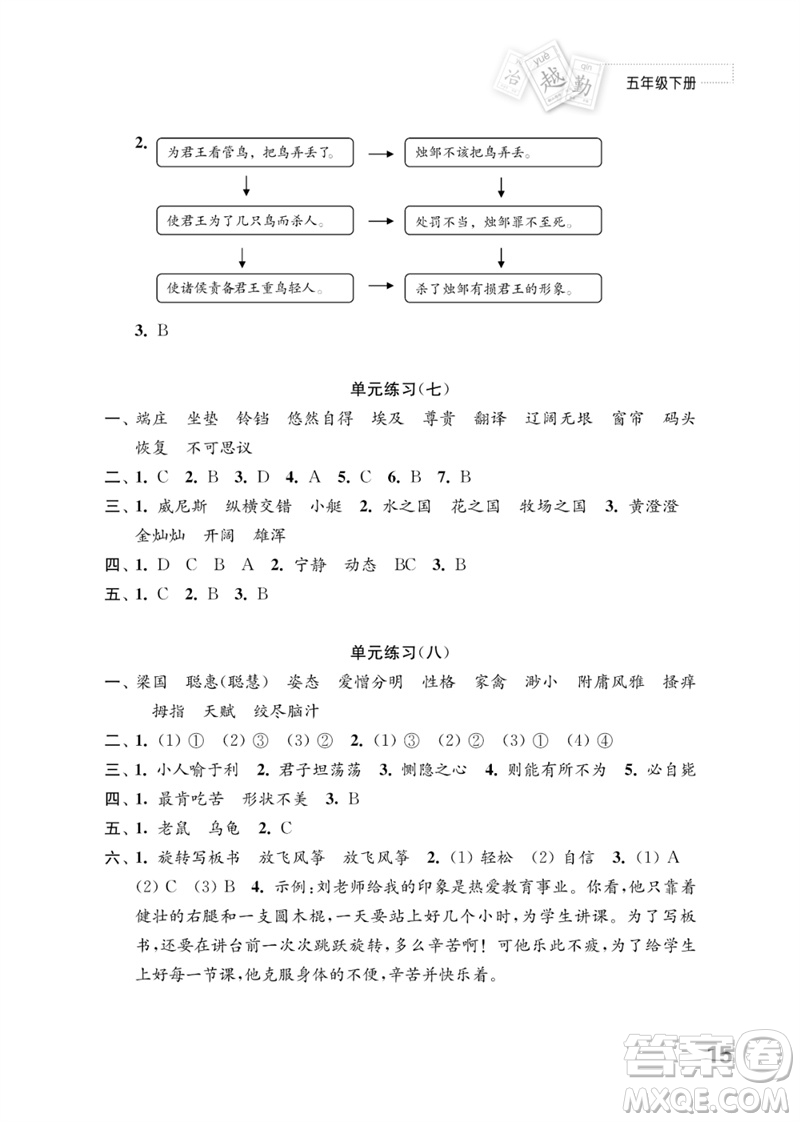 江蘇鳳凰教育出版社2023練習(xí)與測(cè)試小學(xué)語文五年級(jí)下冊(cè)人教版參考答案