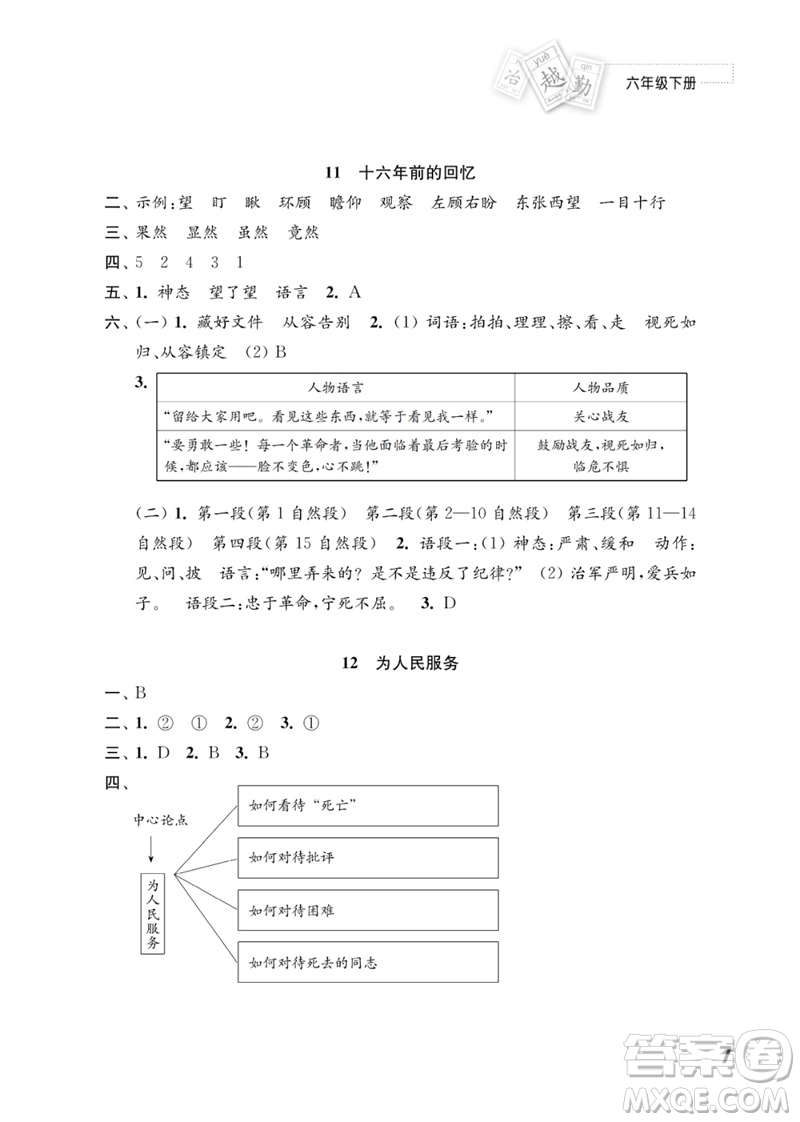 江蘇鳳凰教育出版社2023練習(xí)與測試小學(xué)語文六年級下冊人教版參考答案