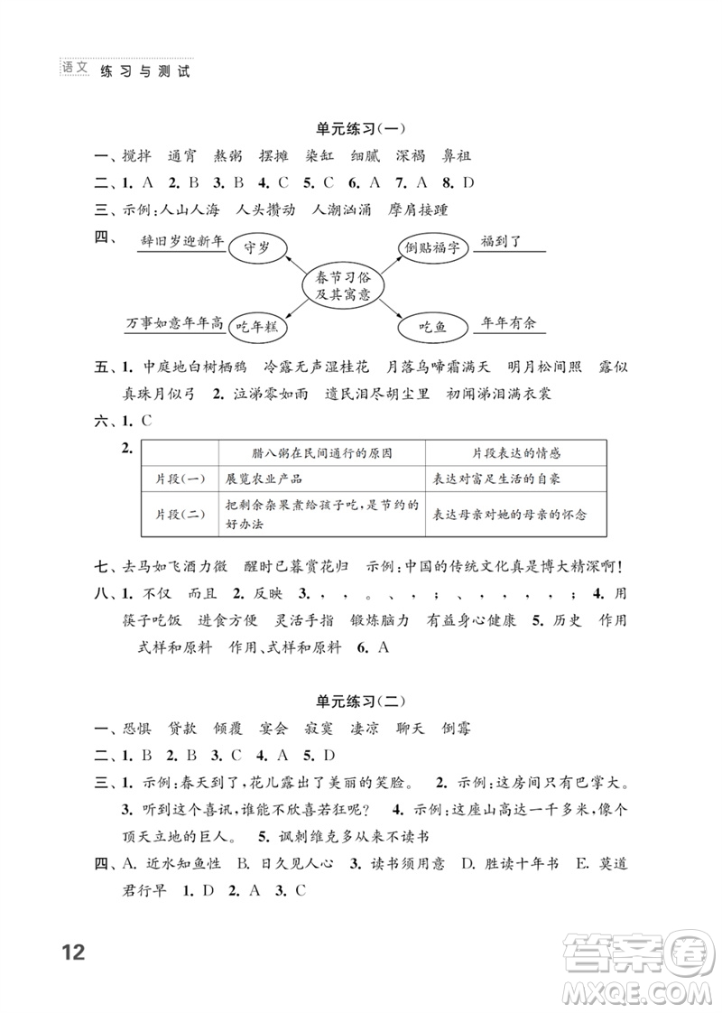 江蘇鳳凰教育出版社2023練習(xí)與測試小學(xué)語文六年級下冊人教版參考答案