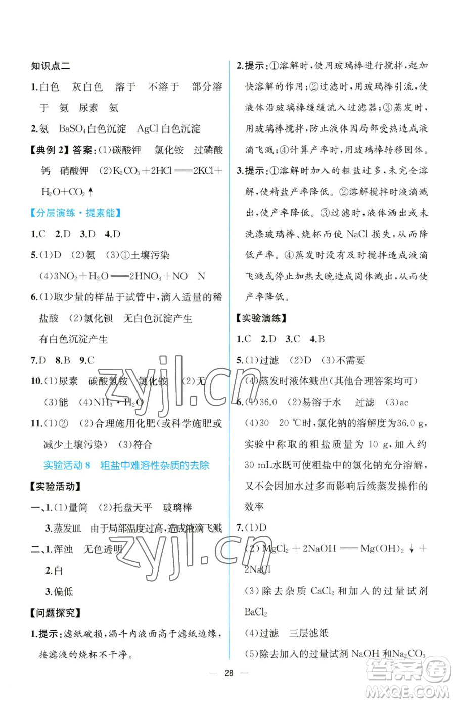 人民教育出版社2023同步解析與測評九年級下冊化學(xué)人教版云南專版參考答案