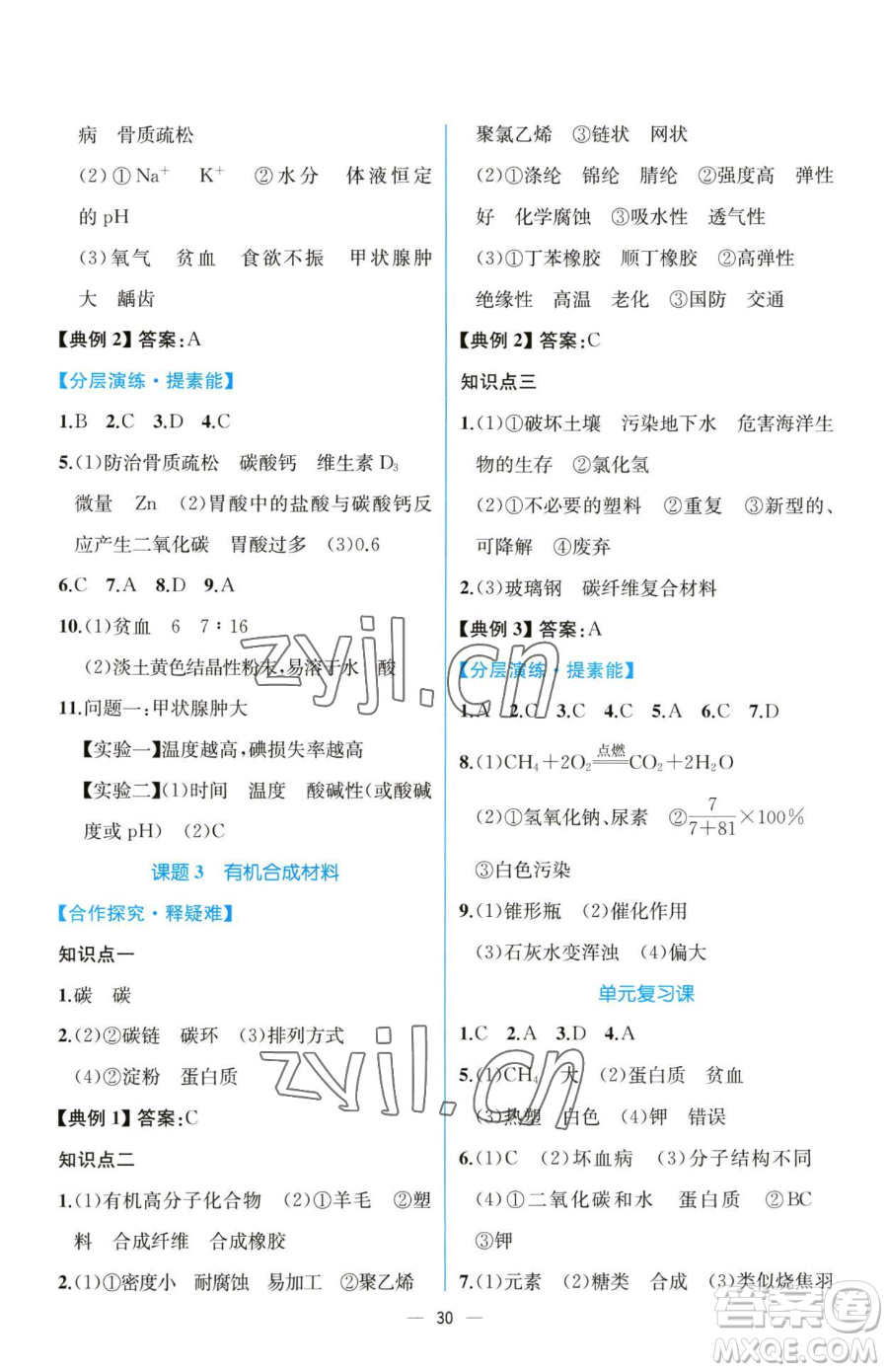 人民教育出版社2023同步解析與測評九年級下冊化學(xué)人教版云南專版參考答案