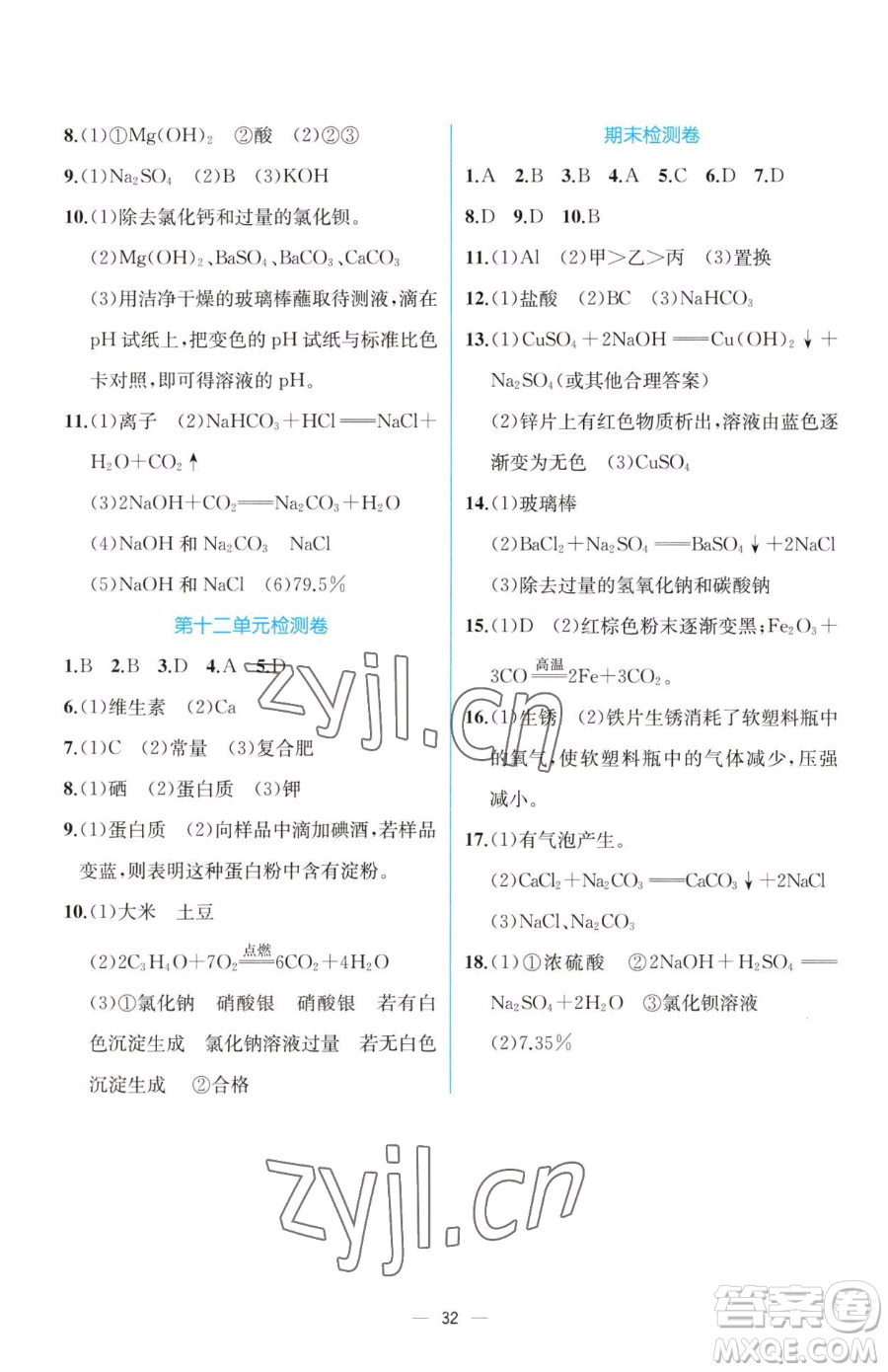 人民教育出版社2023同步解析與測評九年級下冊化學(xué)人教版云南專版參考答案