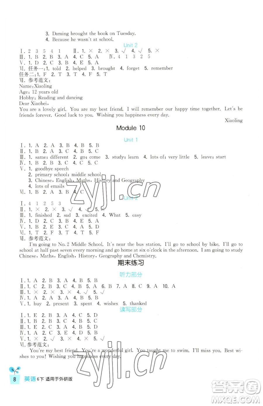 四川教育出版社2023新課標(biāo)小學(xué)生學(xué)習(xí)實(shí)踐園地六年級下冊英語外研版三起參考答案