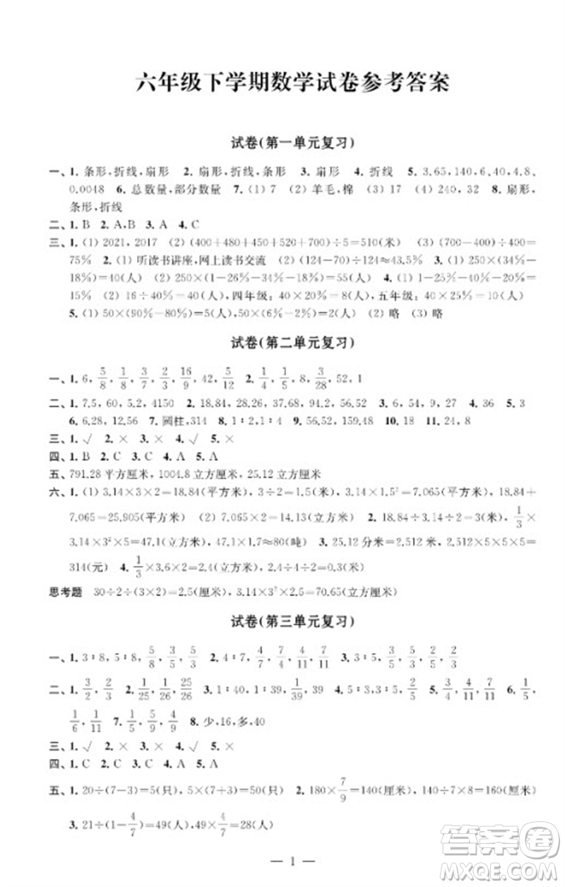 江蘇鳳凰教育出版社2023練習(xí)與測(cè)試檢測(cè)卷小學(xué)數(shù)學(xué)六年級(jí)下冊(cè)蘇教版參考答案