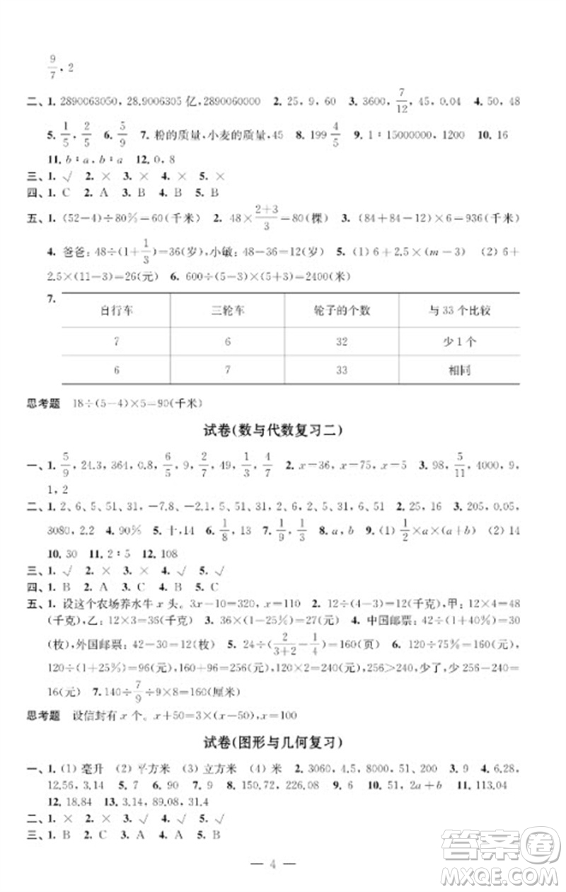 江蘇鳳凰教育出版社2023練習(xí)與測(cè)試檢測(cè)卷小學(xué)數(shù)學(xué)六年級(jí)下冊(cè)蘇教版參考答案