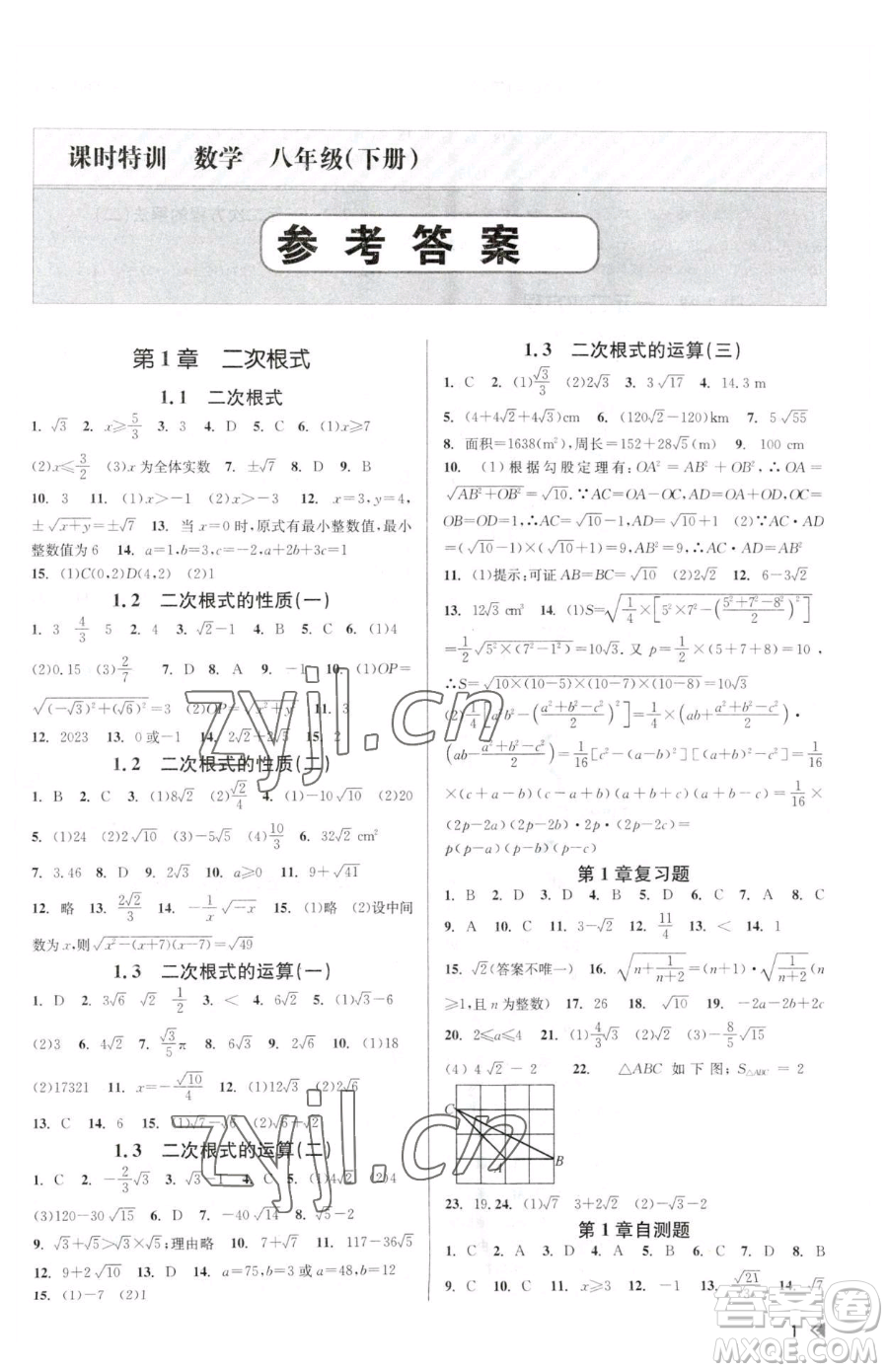浙江人民出版社2023課時(shí)特訓(xùn)八年級下冊數(shù)學(xué)浙教版參考答案