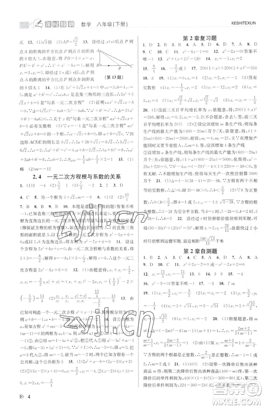 浙江人民出版社2023課時(shí)特訓(xùn)八年級下冊數(shù)學(xué)浙教版參考答案