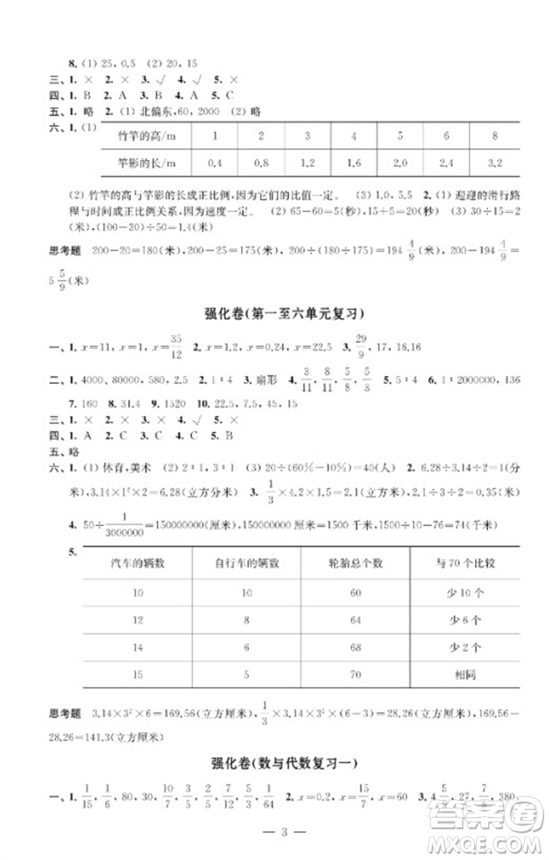 江蘇鳳凰教育出版社2023小學(xué)數(shù)學(xué)強(qiáng)化拓展卷六年級(jí)下冊(cè)蘇教版提升版參考答案