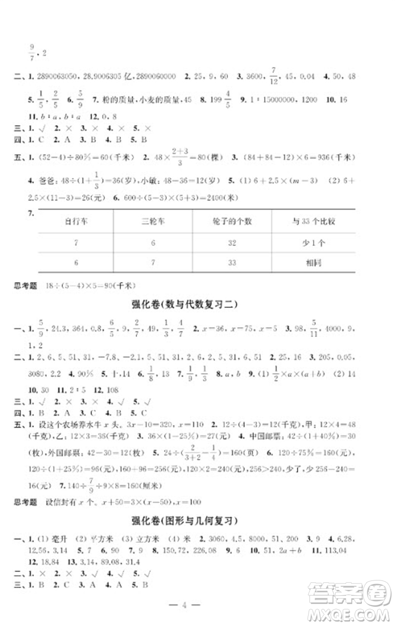 江蘇鳳凰教育出版社2023小學(xué)數(shù)學(xué)強(qiáng)化拓展卷六年級(jí)下冊(cè)蘇教版提升版參考答案