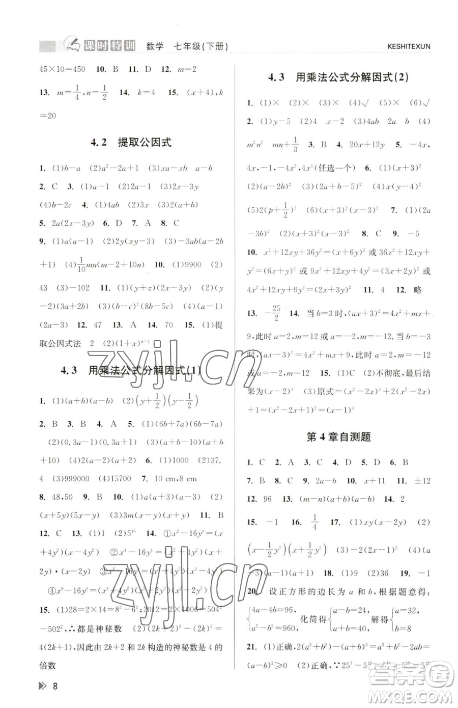 浙江人民出版社2023課時(shí)特訓(xùn)七年級(jí)下冊(cè)數(shù)學(xué)浙教版參考答案