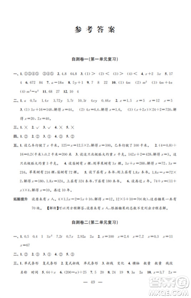 江蘇鳳凰教育出版社2023小學數(shù)學練習自測卷五年級下冊蘇教版參考答案