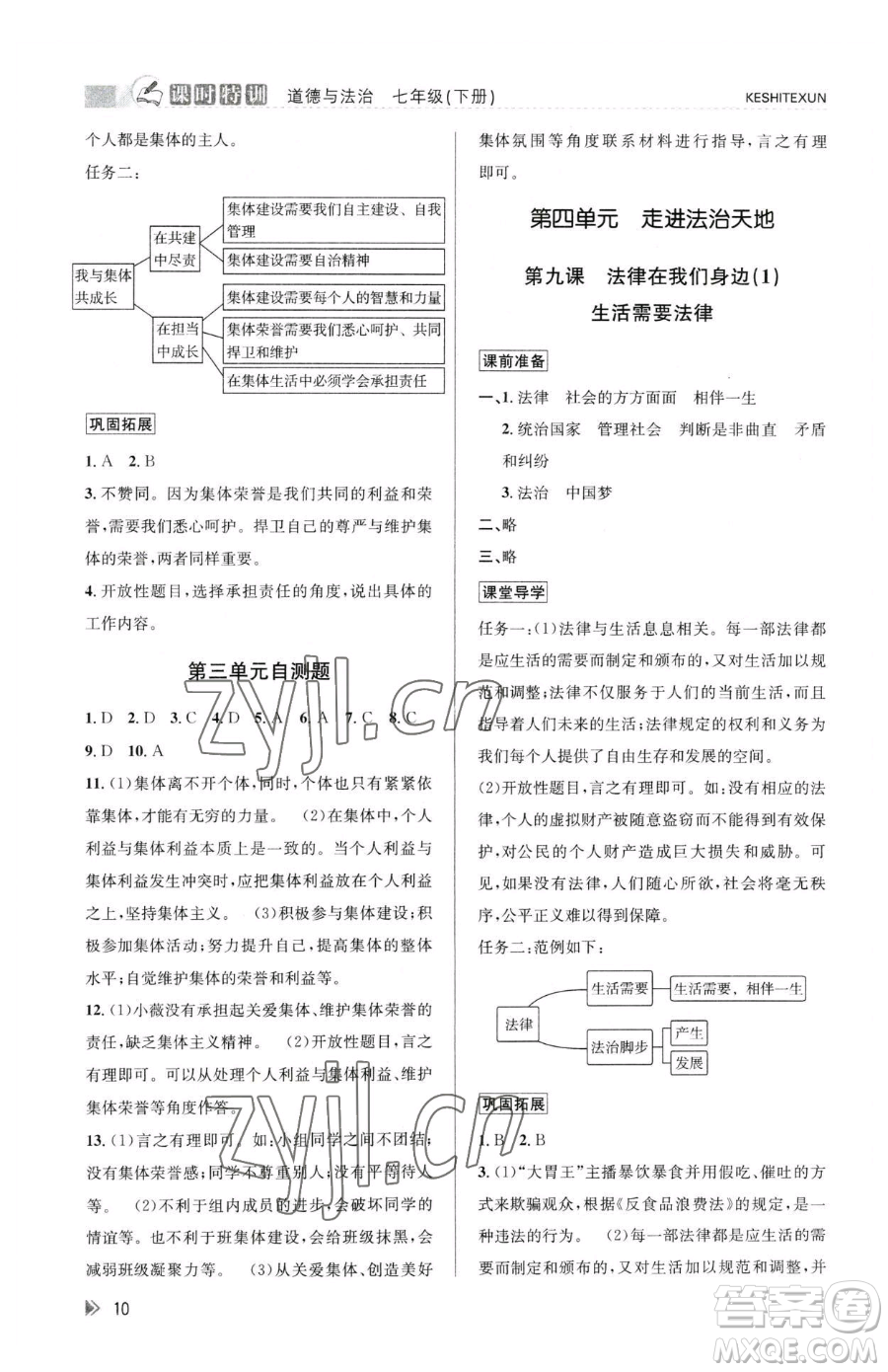 浙江人民出版社2023課時(shí)特訓(xùn)七年級(jí)下冊(cè)道德與法治人教版參考答案