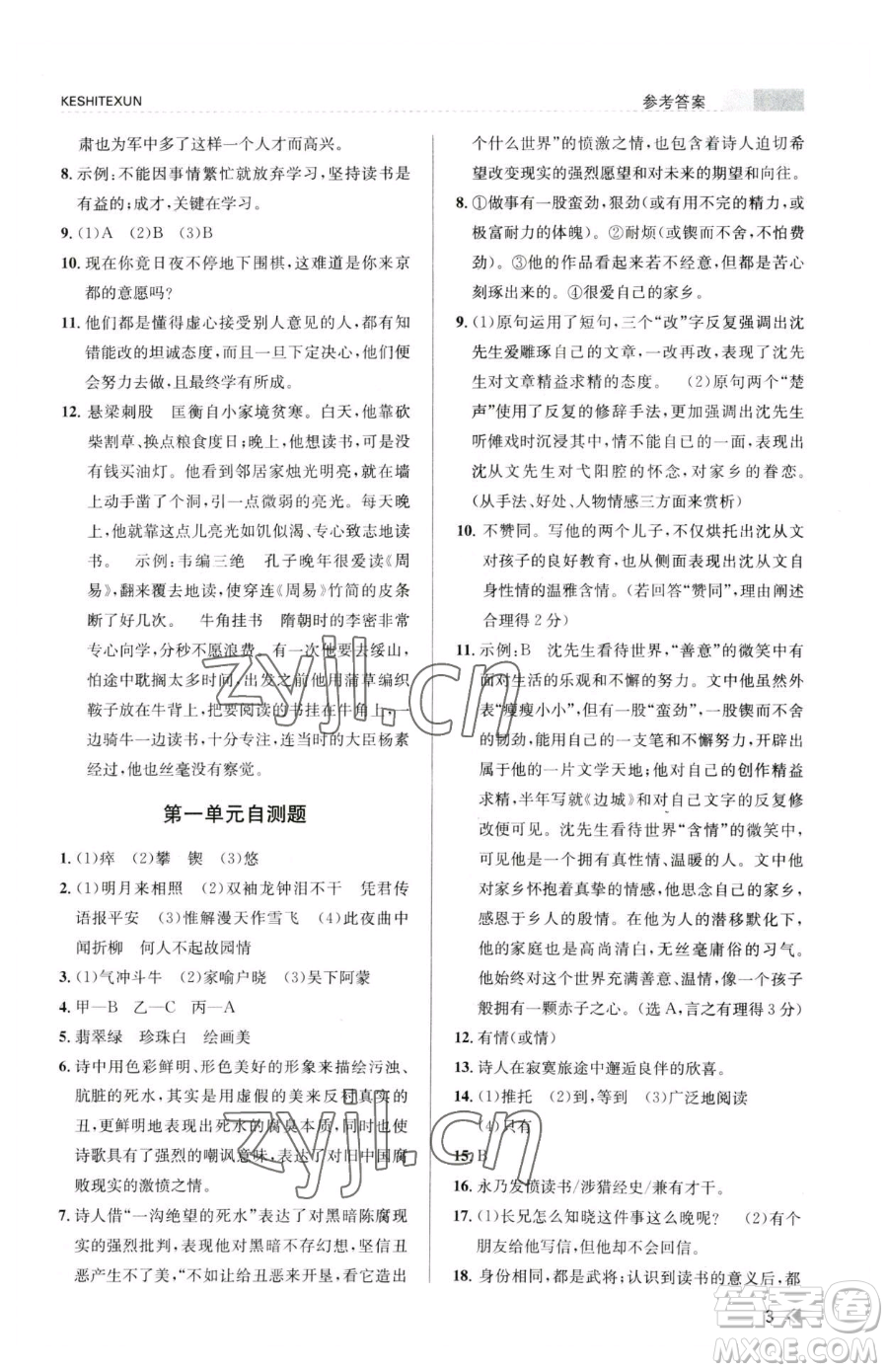 浙江人民出版社2023課時(shí)特訓(xùn)七年級(jí)下冊語文人教版參考答案