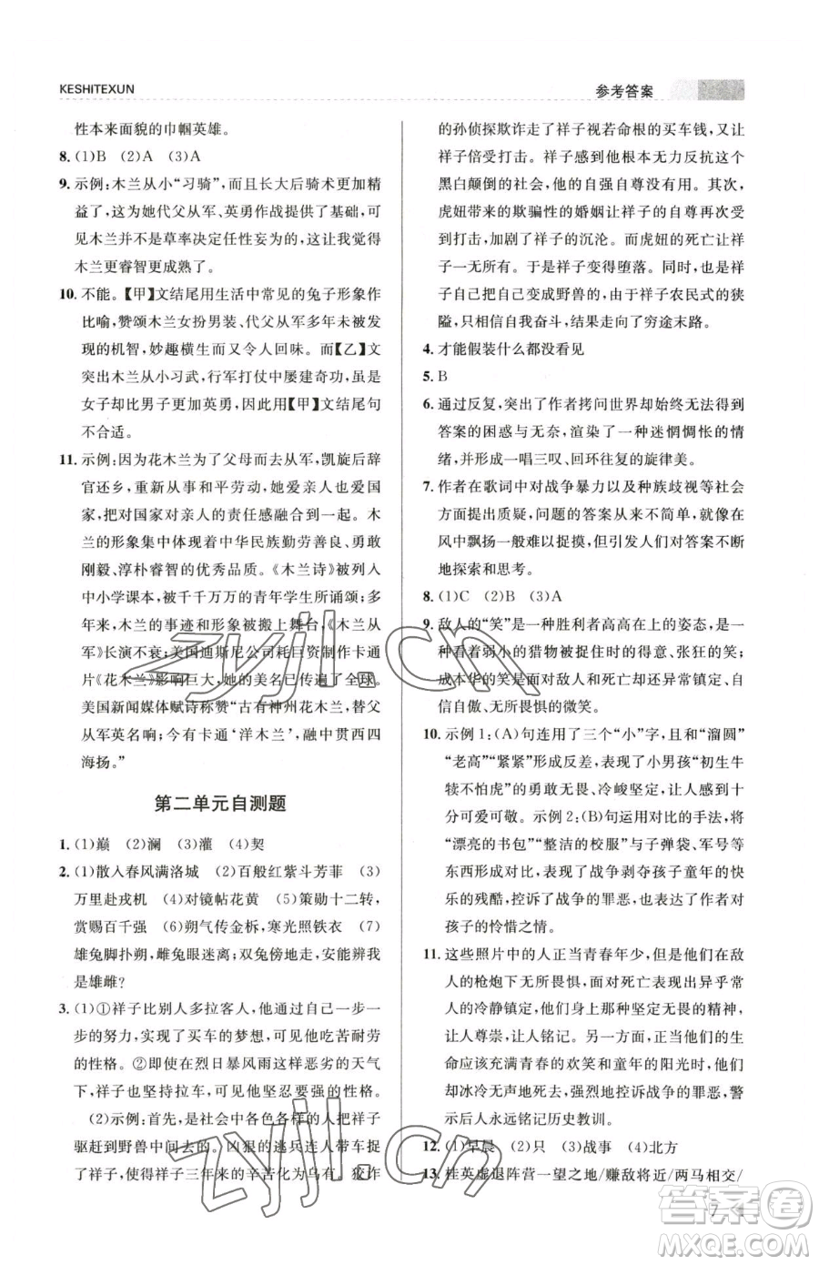 浙江人民出版社2023課時(shí)特訓(xùn)七年級(jí)下冊語文人教版參考答案