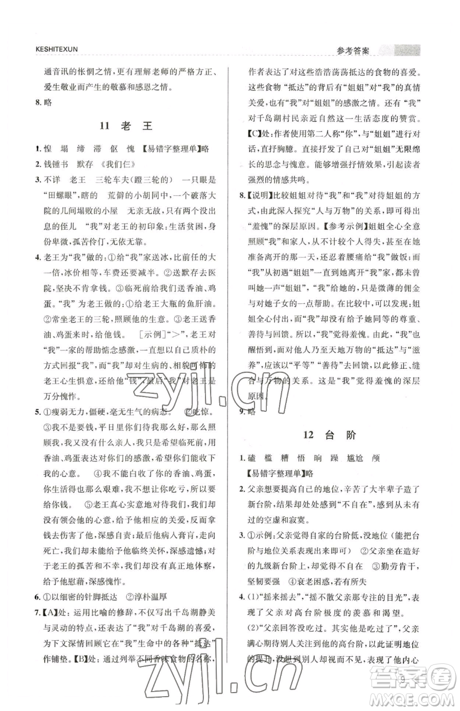 浙江人民出版社2023課時(shí)特訓(xùn)七年級(jí)下冊語文人教版參考答案