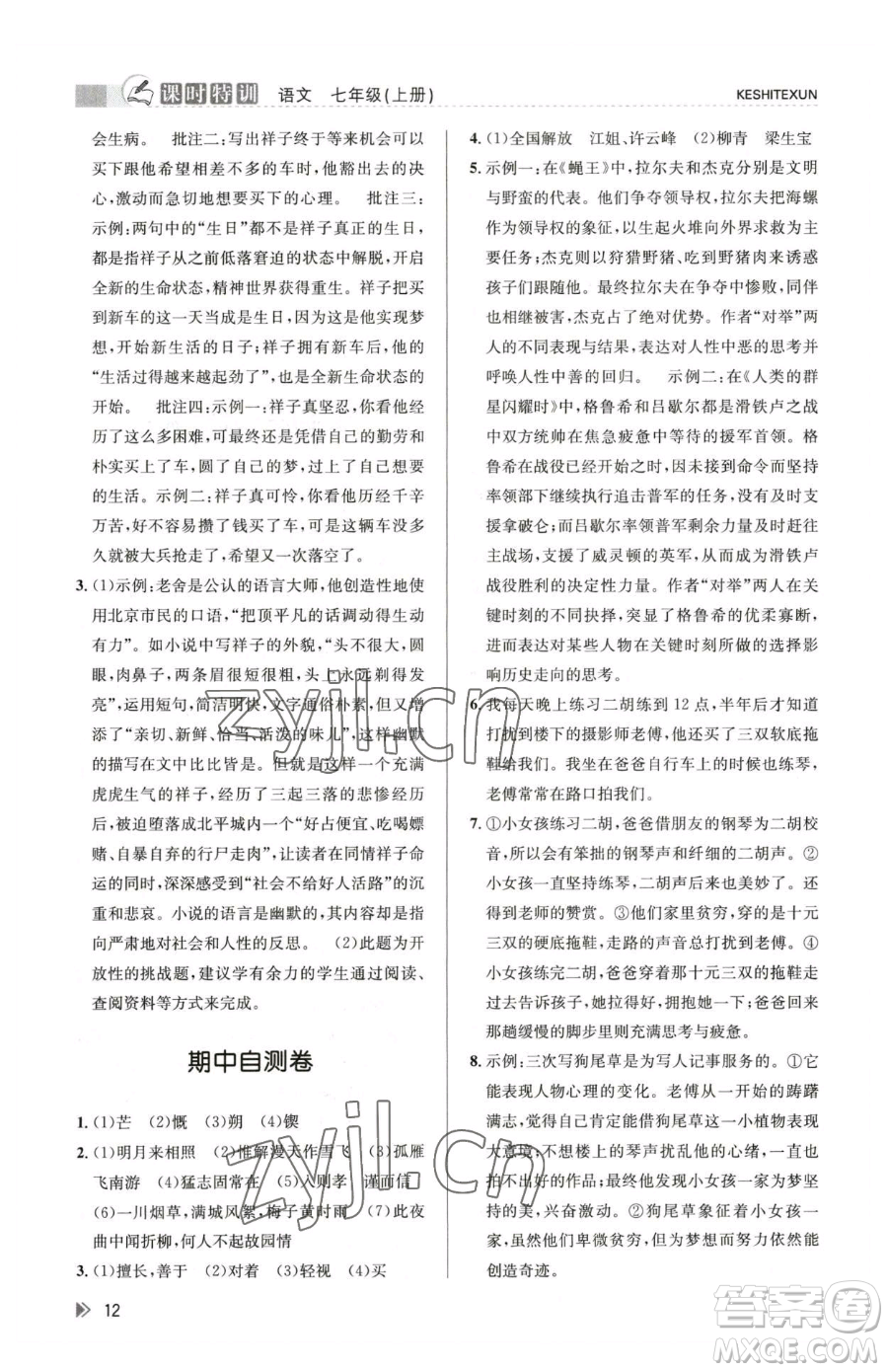 浙江人民出版社2023課時(shí)特訓(xùn)七年級(jí)下冊語文人教版參考答案