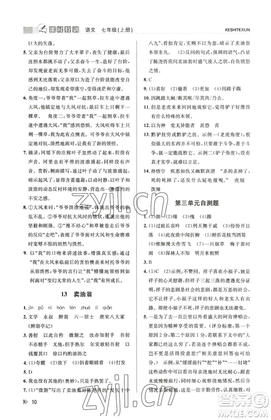 浙江人民出版社2023課時(shí)特訓(xùn)七年級(jí)下冊語文人教版參考答案