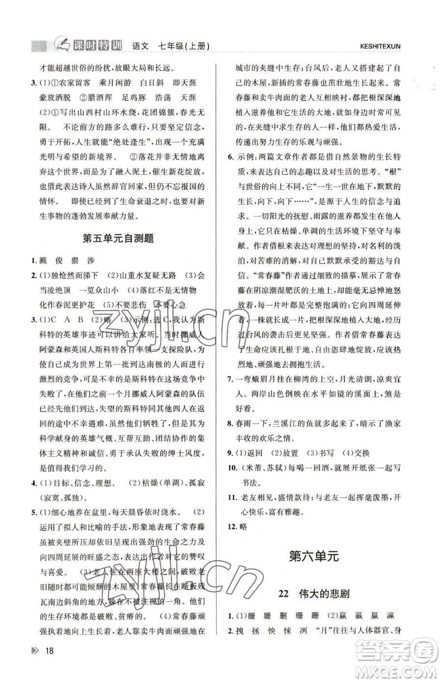 浙江人民出版社2023課時(shí)特訓(xùn)七年級(jí)下冊語文人教版參考答案